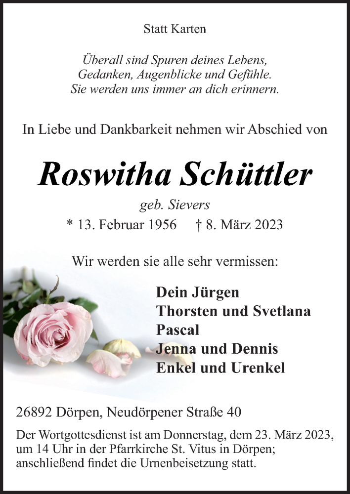  Traueranzeige für Roswitha Schüttler vom 18.03.2023 aus Neue Osnabrücker Zeitung GmbH & Co. KG