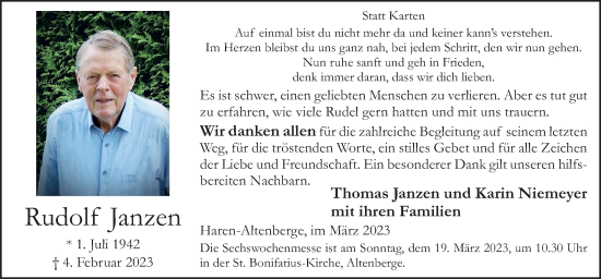 Traueranzeige von Rudolf Janzen von Neue Osnabrücker Zeitung GmbH & Co. KG