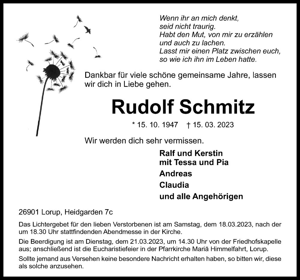  Traueranzeige für Rudolf Schmitz vom 18.03.2023 aus Neue Osnabrücker Zeitung GmbH & Co. KG