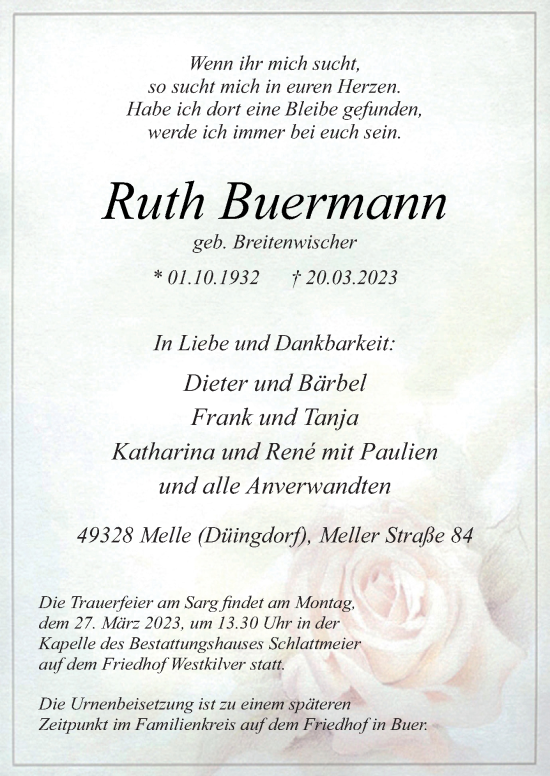 Traueranzeige von Ruth Buermann von Neue Osnabrücker Zeitung GmbH & Co. KG