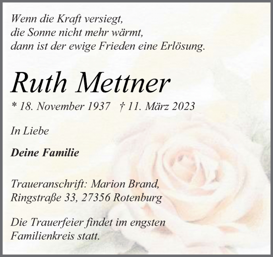 Traueranzeige von Ruth Mettner von Neue Osnabrücker Zeitung GmbH & Co. KG