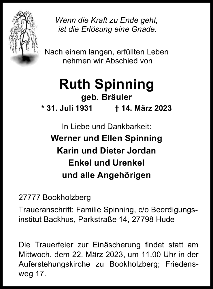  Traueranzeige für Ruth Spinning vom 18.03.2023 aus DK Medien GmbH & Co. KG