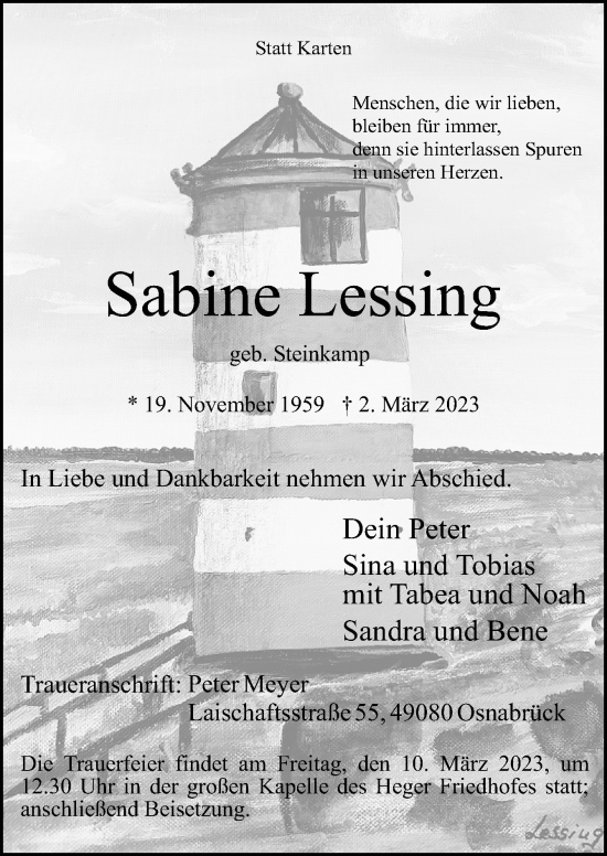 Traueranzeige von Sabine Lessing von Neue Osnabrücker Zeitung GmbH & Co. KG