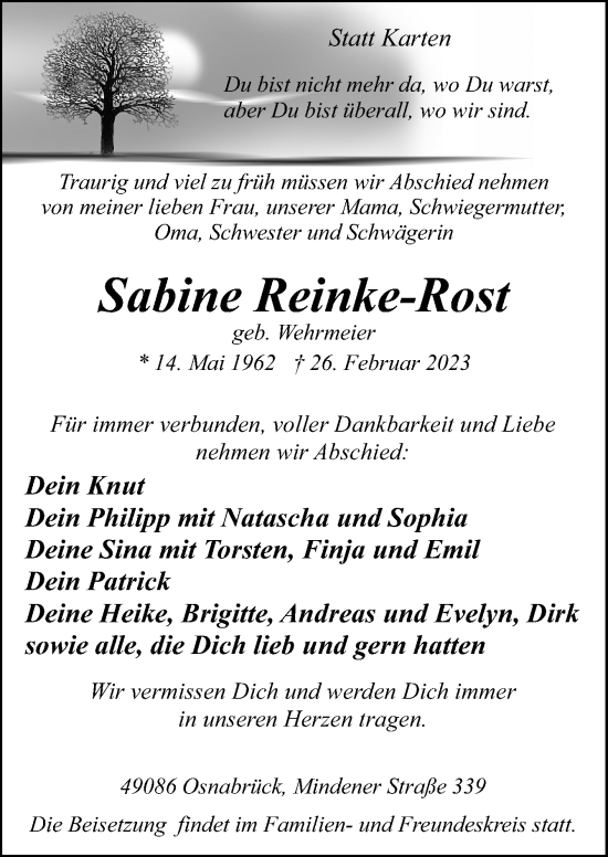 Traueranzeige von Sabine Reinke-Rost von Neue Osnabrücker Zeitung GmbH & Co. KG