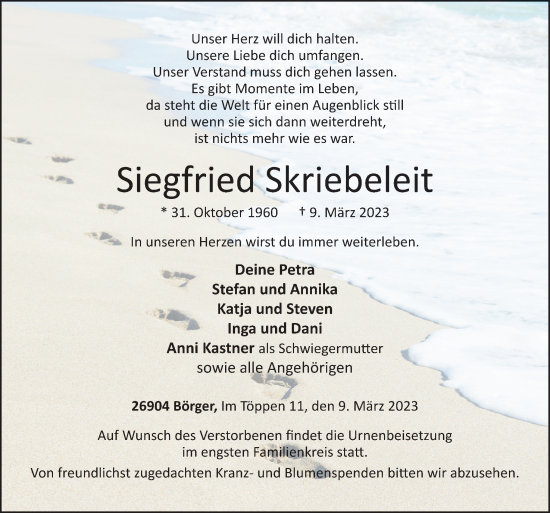 Traueranzeige von Siegfried Skriebeleit von Neue Osnabrücker Zeitung GmbH & Co. KG