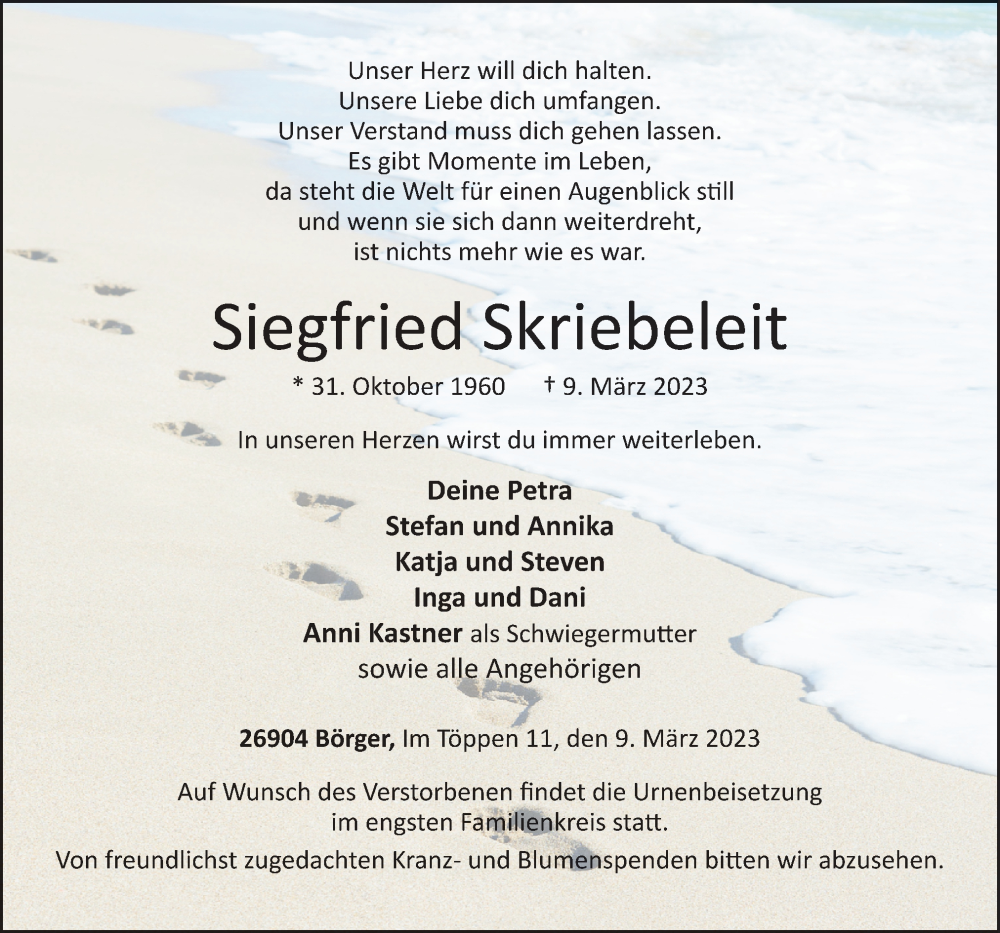  Traueranzeige für Siegfried Skriebeleit vom 15.03.2023 aus Neue Osnabrücker Zeitung GmbH & Co. KG