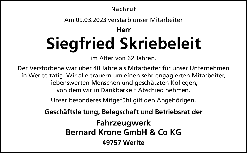  Traueranzeige für Siegfried Skriebeleit vom 15.03.2023 aus Neue Osnabrücker Zeitung GmbH & Co. KG