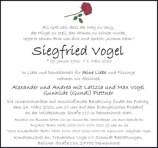 Traueranzeige von Siegfried Vogel von DK Medien GmbH & Co. KG
