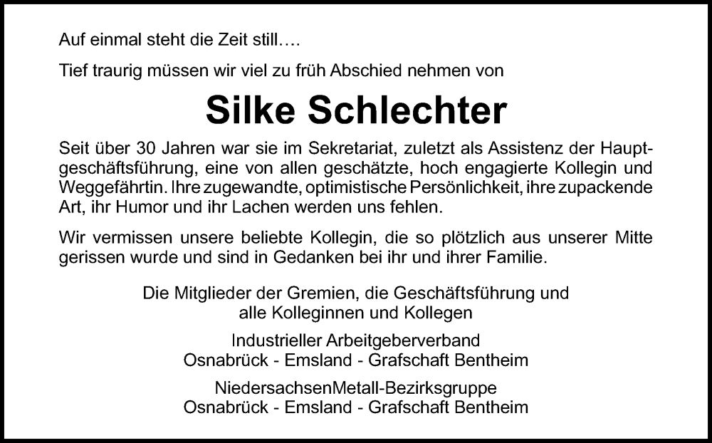  Traueranzeige für Silke Schlechter vom 18.03.2023 aus Neue Osnabrücker Zeitung GmbH & Co. KG