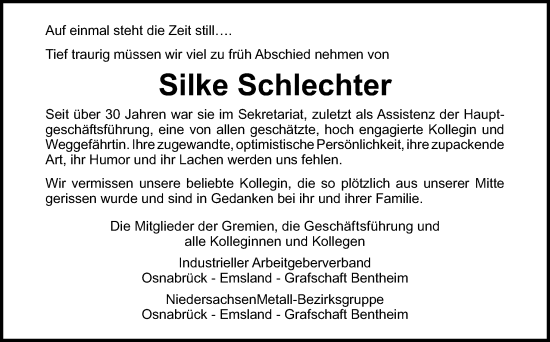Traueranzeige von Silke Schlechter von Neue Osnabrücker Zeitung GmbH & Co. KG