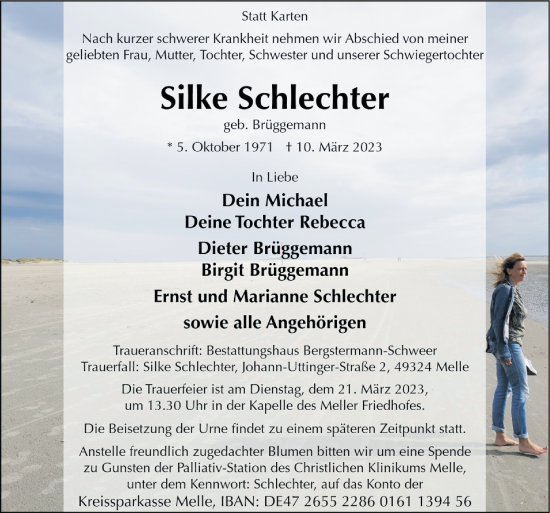 Traueranzeige von Silke Schlechter von Neue Osnabrücker Zeitung GmbH & Co. KG