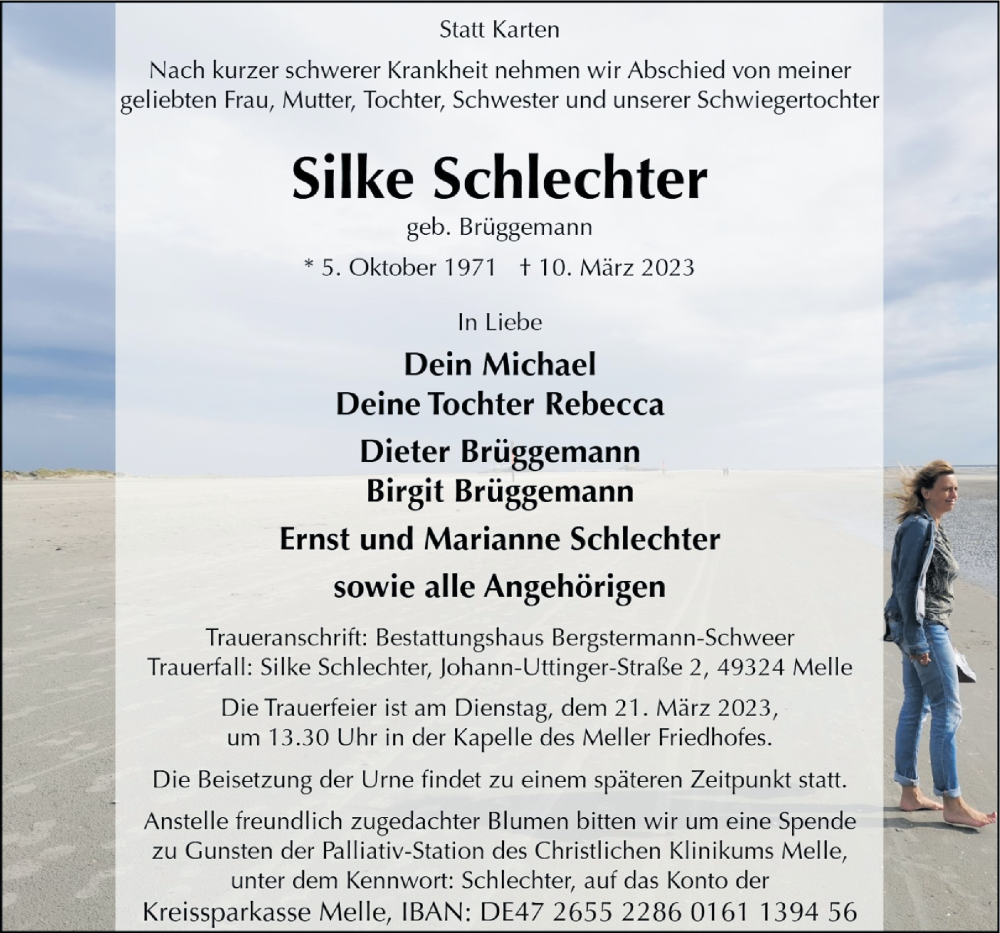  Traueranzeige für Silke Schlechter vom 18.03.2023 aus Neue Osnabrücker Zeitung GmbH & Co. KG