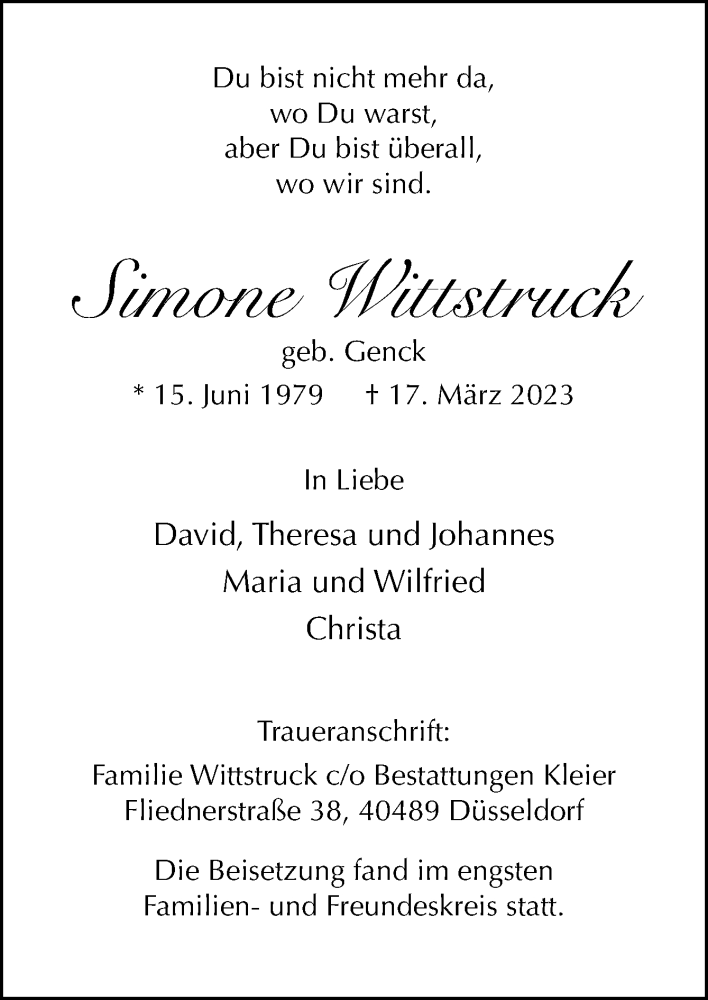  Traueranzeige für Simone Wittstruck vom 25.03.2023 aus Neue Osnabrücker Zeitung GmbH & Co. KG