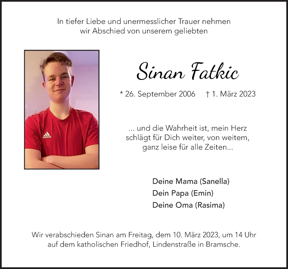  Traueranzeige für Sinan Fatkic vom 08.03.2023 aus Neue Osnabrücker Zeitung GmbH & Co. KG