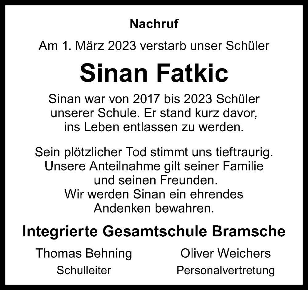  Traueranzeige für Sinan Fatkic vom 10.03.2023 aus Neue Osnabrücker Zeitung GmbH & Co. KG