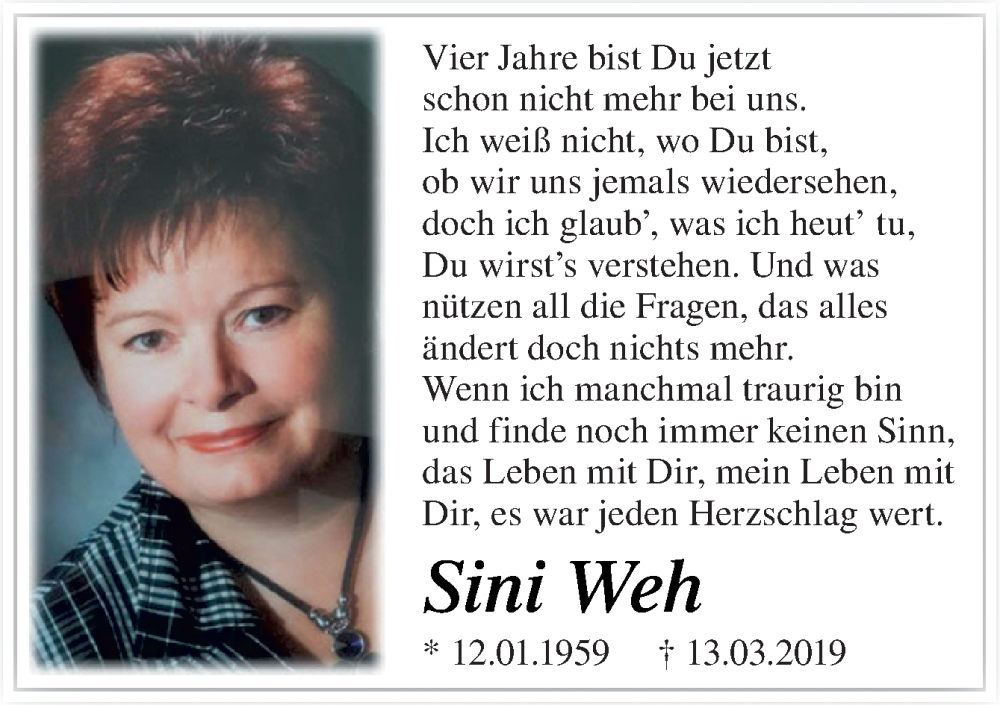  Traueranzeige für Sini Weh vom 13.03.2023 aus Neue Osnabrücker Zeitung GmbH & Co. KG