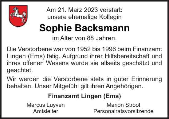 Traueranzeige von Sophie Backsmann von Neue Osnabrücker Zeitung GmbH & Co. KG