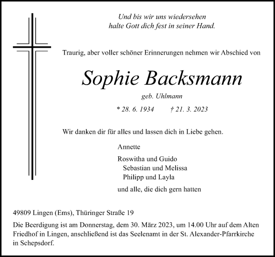 Traueranzeige von Sophie Backsmann von Neue Osnabrücker Zeitung GmbH & Co. KG