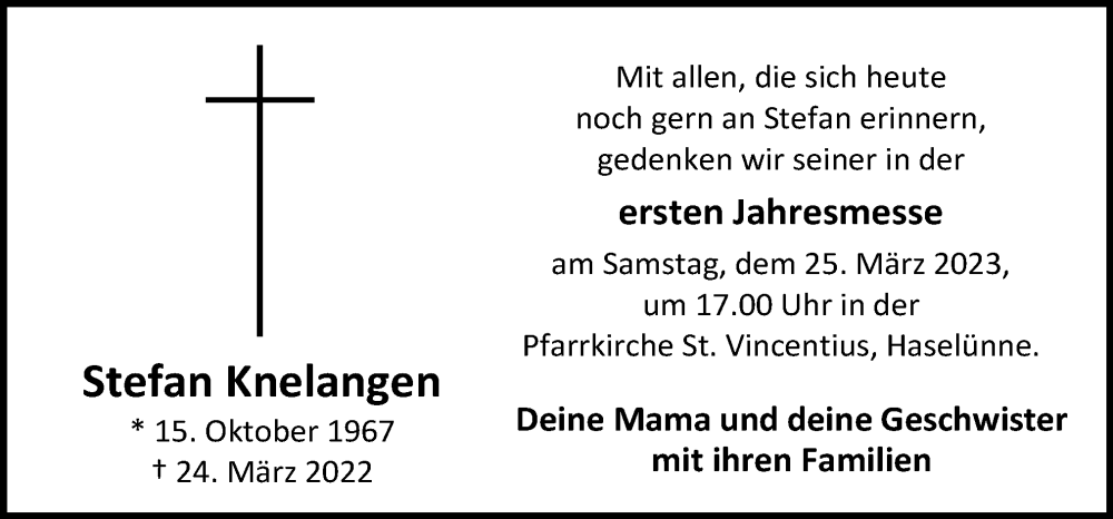  Traueranzeige für Stefan Knelangen vom 22.03.2023 aus Neue Osnabrücker Zeitung GmbH & Co. KG
