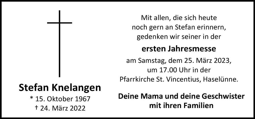  Traueranzeige für Stefan Knelangen vom 23.03.2023 aus Neue Osnabrücker Zeitung GmbH & Co. KG