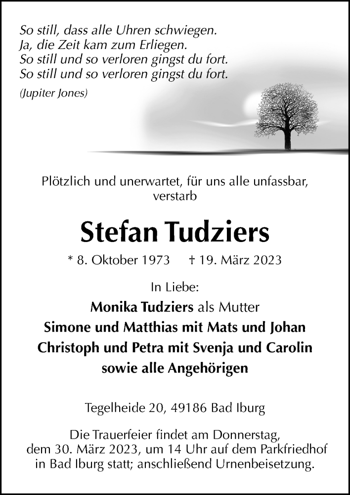  Traueranzeige für Stefan Tudziers vom 25.03.2023 aus Neue Osnabrücker Zeitung GmbH & Co. KG