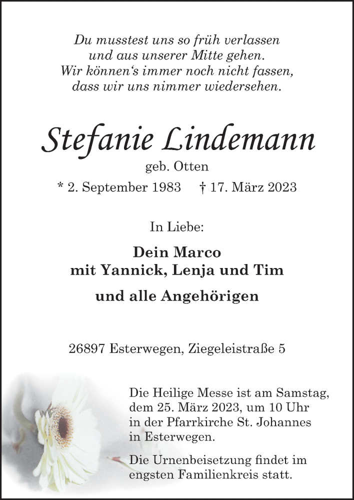  Traueranzeige für Stefanie Lindemann vom 22.03.2023 aus Neue Osnabrücker Zeitung GmbH & Co. KG