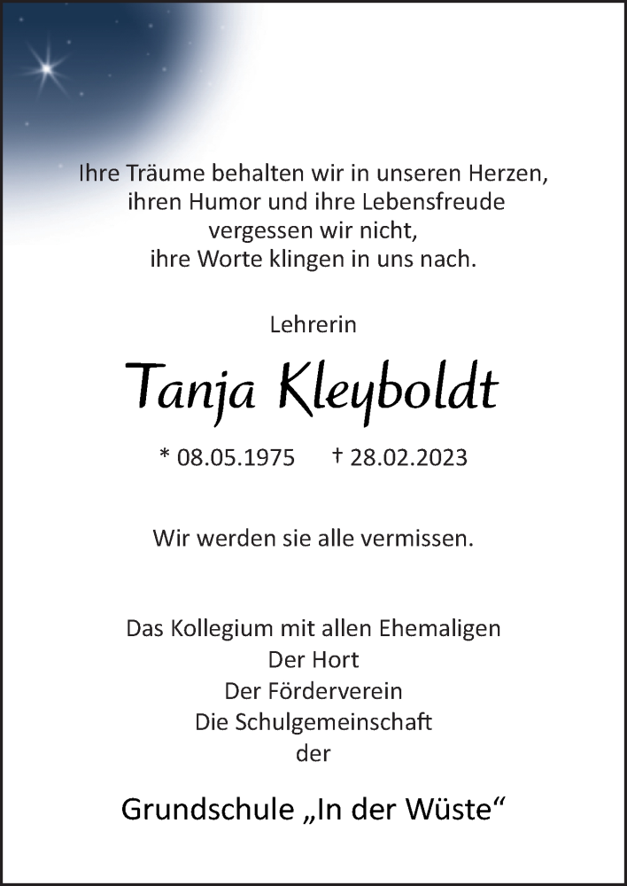  Traueranzeige für Tanja Kleyboldt vom 11.03.2023 aus Neue Osnabrücker Zeitung GmbH & Co. KG