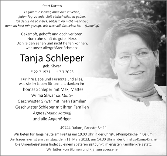 Traueranzeige von Tanja Schleper von Neue Osnabrücker Zeitung GmbH & Co. KG