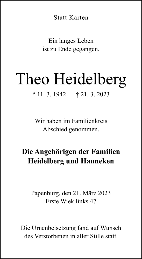Traueranzeige von Theo Heidelberg von Neue Osnabrücker Zeitung GmbH & Co. KG