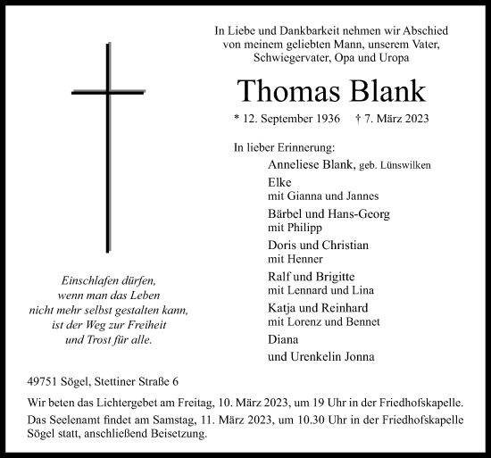 Traueranzeige von Thomas Blank von Neue Osnabrücker Zeitung GmbH & Co. KG