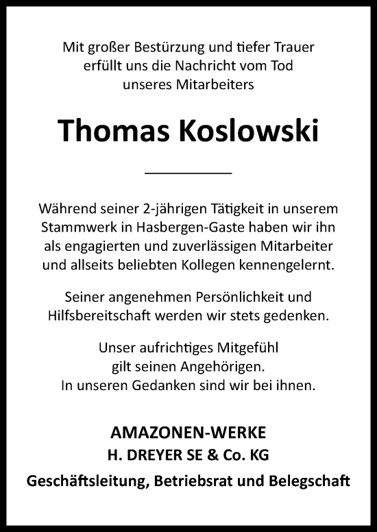 Traueranzeige von Thomas Koslowski von Neue Osnabrücker Zeitung GmbH & Co. KG