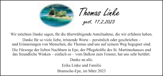 Traueranzeige von Thomas Linke von Neue Osnabrücker Zeitung GmbH & Co. KG