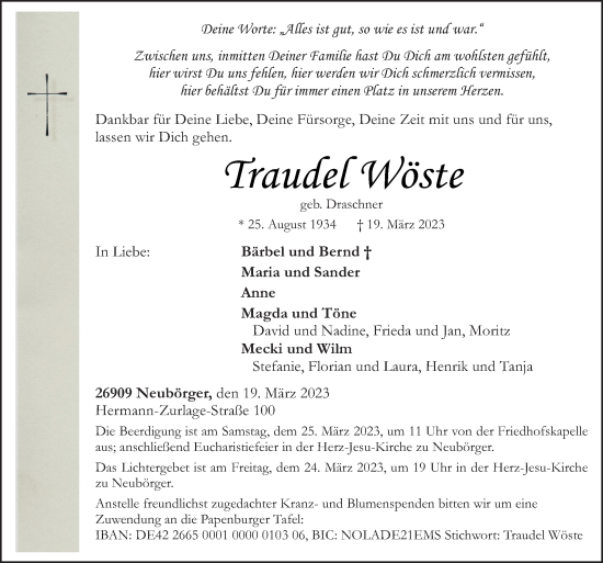 Traueranzeige von Traudel Wöste von Neue Osnabrücker Zeitung GmbH & Co. KG