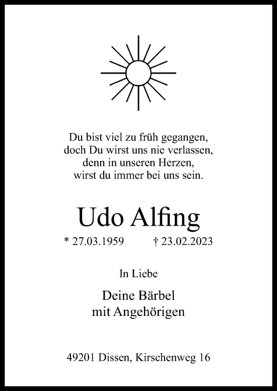 Traueranzeige von Udo Alfing von Neue Osnabrücker Zeitung GmbH & Co. KG