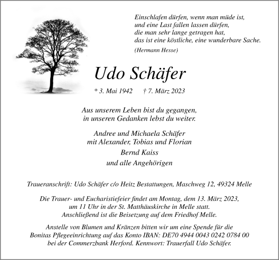 Traueranzeige von Udo Schäfer von Neue Osnabrücker Zeitung GmbH & Co. KG