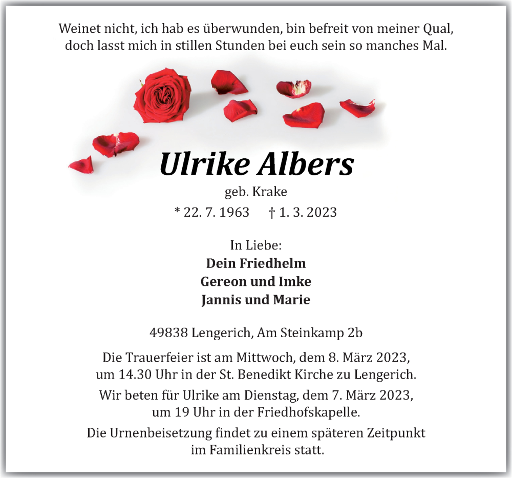  Traueranzeige für Ulrike Albers vom 04.03.2023 aus Neue Osnabrücker Zeitung GmbH & Co. KG