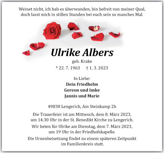 Traueranzeige von Ulrike Albers von Neue Osnabrücker Zeitung GmbH & Co. KG