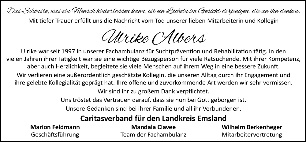  Traueranzeige für Ulrike Albers vom 08.03.2023 aus Neue Osnabrücker Zeitung GmbH & Co. KG