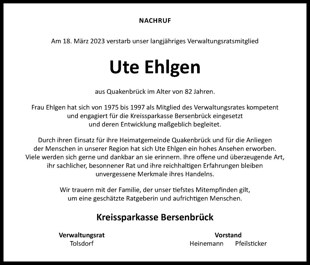  Traueranzeige für Ute Ehlgen vom 29.03.2023 aus Neue Osnabrücker Zeitung GmbH & Co. KG