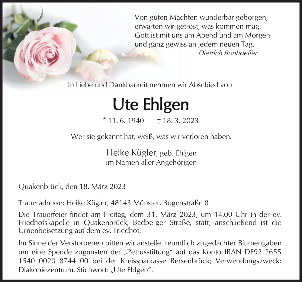  Traueranzeige für Ute Ehlgen vom 25.03.2023 aus Neue Osnabrücker Zeitung GmbH & Co. KG