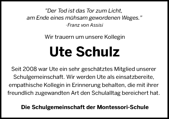Traueranzeige von Ute Schulz von Neue Osnabrücker Zeitung GmbH & Co. KG