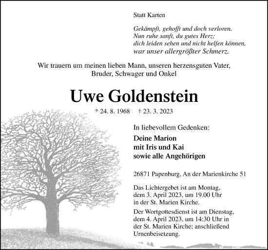 Traueranzeige von Uwe Goldenstein von Neue Osnabrücker Zeitung GmbH & Co. KG