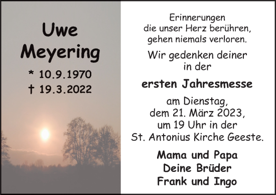 Traueranzeige von Uwe Meyering von Neue Osnabrücker Zeitung GmbH & Co. KG