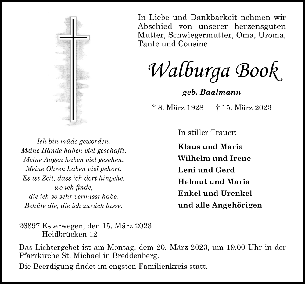  Traueranzeige für Walburga Book vom 17.03.2023 aus Neue Osnabrücker Zeitung GmbH & Co. KG