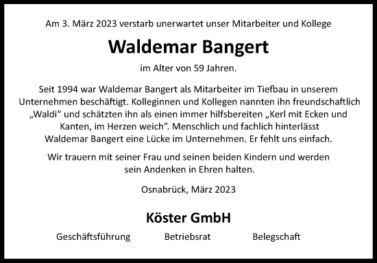 Traueranzeige von Waldemar Bangert von Neue Osnabrücker Zeitung GmbH & Co. KG