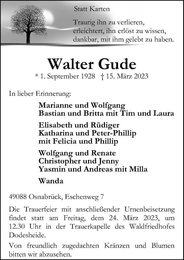  Traueranzeige für Walter Gude vom 18.03.2023 aus Neue Osnabrücker Zeitung GmbH & Co. KG