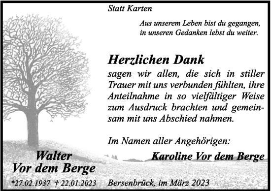 Traueranzeige von Walter Vor dem Berge von Neue Osnabrücker Zeitung GmbH & Co. KG