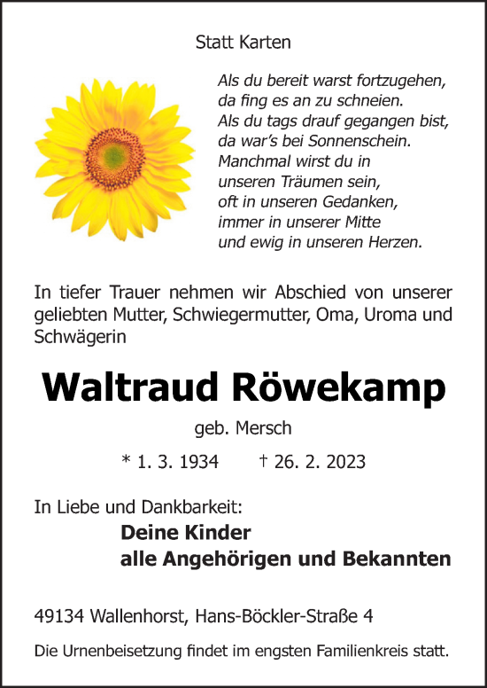 Traueranzeige von Waltraud Röwekamp von Neue Osnabrücker Zeitung GmbH & Co. KG