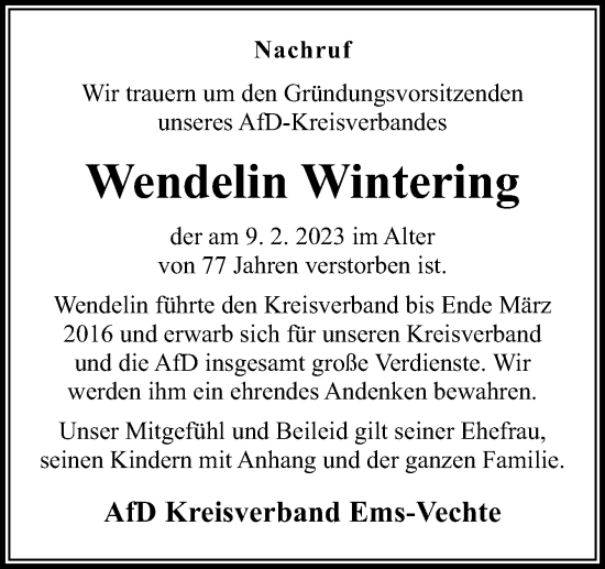 Traueranzeige von Wendelin Wintering von Neue Osnabrücker Zeitung GmbH & Co. KG