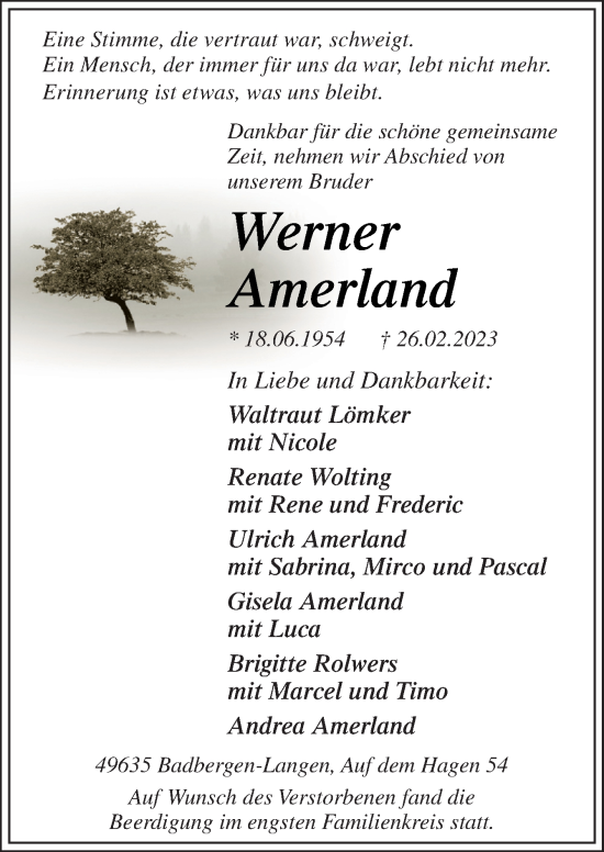 Traueranzeige von Werner Amerland von Neue Osnabrücker Zeitung GmbH & Co. KG